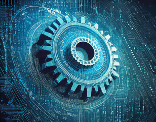 blue gear faded outline on digital background with binary code and abstract tech elements for techno