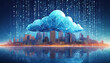 cloud technology banner with low poly cityscape and binary code on dark blue background big data visualization concept with polygonal clouds