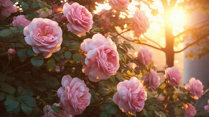 _Professional photography, realistic, a clump of pink roses outside the house, beautiful and aesthetic,(fine detailed beautiful eyes: 1. 2), (extremely detailed