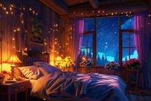 Cozy Bedroom With Bed, Night Lights And Window At Starry Sky. Warm Room In Wooden House Interior With Flowers On Table. Romantic Evening Mood. Concept Of Romantic Date Or Rest Time. Digital Illustrati