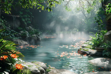 Wall Mural - The soothing warmth of a bubbling hot spring, surrounded by steaming water and lush greenery. Concept of relaxation and rejuvenation. Generative Ai.