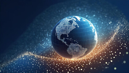 Wall Mural - digital background featuring digital world, globe made of glowing dots on dark blue background, with