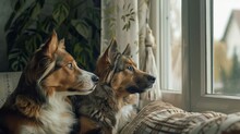 Two Dogs Looking Out A Window At The Outside