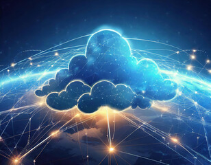 Wall Mural - igital illustration of cloud technology, with glowing blue clouds floating above the earth's surface