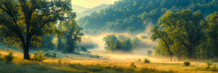 Wall Mural - foggy meadow. enchanting sunrise