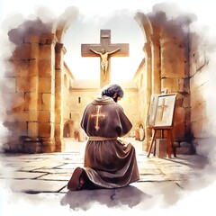 Man in the robe kneeling and praying in front of the cross. Digital watercolor painting.