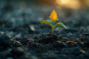 Poster - A seedling pushing through the soil towards the sunlight, representing growth and resilience in the face of adversity. Concept of growth and perseverance. Generative Ai.