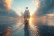 A ship sailing towards the horizon, symbolizing adventure and exploration as it embarks on a journey into the unknown. Concept of exploration and adventure. Generative Ai.