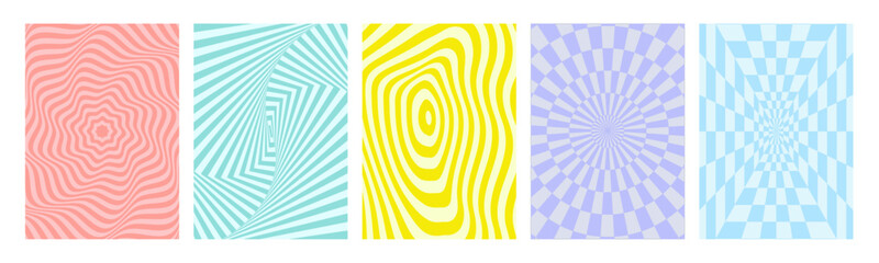 Leinwandbilder - Groovy hippie 70s backgrounds set. Checkerboard, chessboard, mesh, waves, swirl, twirl pattern. Twisted and distorted vector texture in trendy retro psychedelic style.