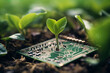 Generative AI illustration of green plant sprouts from a circuit board embedded in soil symbolizing the technology and environmental sustainability
