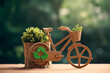 Generative AI illustration of wooden bicycle adorned with green plants and a recycling symbol placed on a table against a blurred natural background