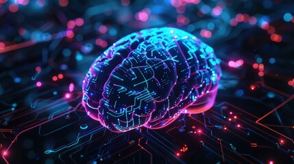 AI brain with wires on a circuit board, concept of artificial intelligence and technology.