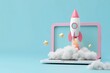 © Deivison - Illustration of colorful rocket taking off from a laptop screen, technology and startup concept.