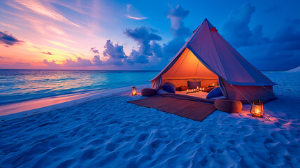 Wall Mural - Luxury Tent by the Shore. Sunset Romance on the Beach. Relaxing by the Ocean