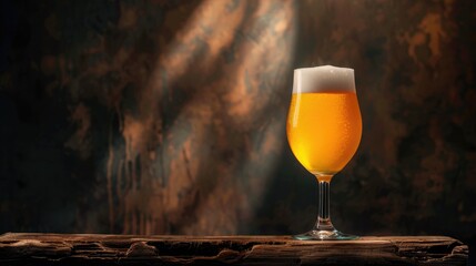 Poster - Light beer in a glass resting on a wooden surface against a dark backdrop