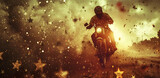 Motorcyclist Riding Through a Starlit Explosion, Adventure and Freedom Style, Dynamic Motion Concept, great for action-packed media and motivational themes