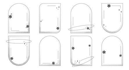 Set of minimalist aesthetic frames with stars, abstract elements. Arches in retro Y2k style with grain texture.