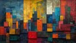 Vibrant abstract cityscape painting with textured multi-colored blocks