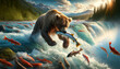 Majestic brown bear catching salmon in a vibrant, rushing river in a mountainous landscape, depicting wildlife and nature conservation concepts
