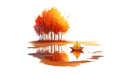 Sticker - Vibrant autumn watercolor illustration with orange trees reflecting in water and a floating leaf, ideal for fall season and Thanksgiving-themed design projects