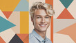 Cheerful young Caucasian male with blond hair smiling against a colorful geometric background, ideal for fashion or modern lifestyle concepts