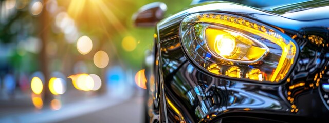 Close up black sport car front headlight with yellow xenon light at evening scene. AI generated