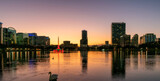 Fototapeta Miasta - Panoramic view of Orlando city at sunset with fountain in Lake Eola, Orlando, Florida, USA