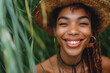 Joyful woman with freckles wearing a straw hat. Generative AI image