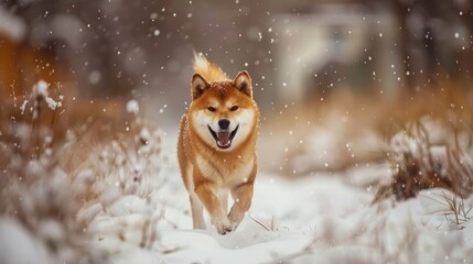 Poster - Red Akita Inu dog happily walking in a winter landscape