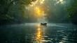 Serene river delta at sunrise with lush mangrove forests and golden rays of light