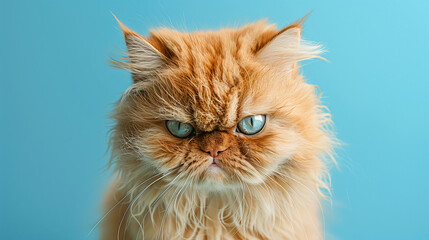 A cute Persian cat with an angry expression looking at the camera on a blue studio background. Funny animals concept.