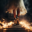 lady in high heels walking on burning ground, fire