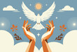 White bird Dove is a symbol of peace in the word, hands release bird. Horizontal banner concept, flat vector design	
