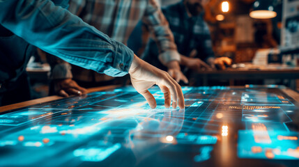 Experts using a smart table to manipulate digital models of engineering projects in a workshop setting, illuminated subtly by natural light that adds depth. , natural light, soft s