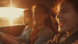 A family singing along to their favorite songs during a car ride, with the bright light of the afternoon sun illuminating their expressions of happiness and unity. , natural light,