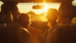 A mother and father glancing back at their kids playing in the backseat, all sharing a moment of laughter in a car bathed in the golden glow of a sunset. , natural light, soft shad
