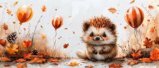 Wall Mural - This cute little hedgehog is holding a balloon, in a watercolor style, that makes it a good holiday clipart for cards and prints.