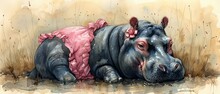 Hippo In Pink Dress, Watercolor Illustration, Fun Summer Clipart That Would Be Perfect For Cards And Prints