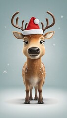 Wall Mural - Christmas reindeer with santa hat in Bright Colours 