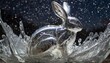 The silver liquid melts and creates a fantastic rabbit pattern made of glass with a night sky as the background.