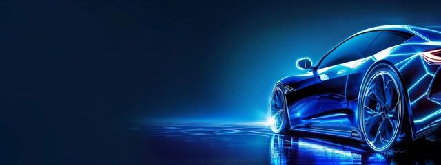 Electric sports car chassis with futuristic blue neon lights. High-tech automotive design in urban setting