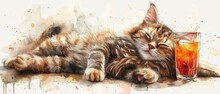 Funny Cat Sunbathing In The Sun With Cocktail, Hand-drawn Clipart For Card Designs, T-shirt Prints, Illustrations.