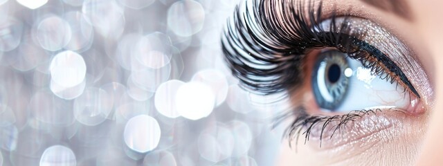 Wall Mural - Mesmerizing Close-Up of Woman's Eye with Elegant Long Eyelashes in Soft Focus