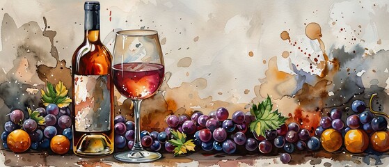 A vane bottle of wine with a glass of vine, modern clipart, and hand-drawn food illustration suitable for cards and prints