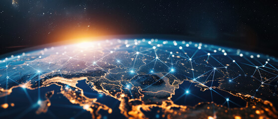 Wall Mural - World global network background, digital polygonal grid on Earth globe at night. Concept of connect, map, tech, internet, space and future