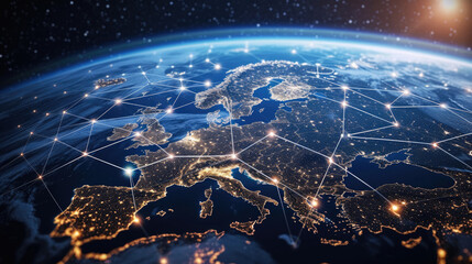 Wall Mural - World global network background, digital polygonal grid on Earth globe in space. Concept of connect, map, tech, worldwide, europe, internet,