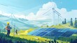 © rookielion - renewable energy adoption, landscapes of wind turbines and solar panels with workers