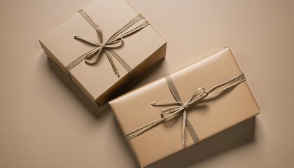 Wall Mural - Two brown craft paper wrapped gift boxes in bright colours 