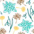 Vintage seamless pattern with snowdrops and primroses