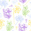 Vintage seamless pattern with violets and daffodil.